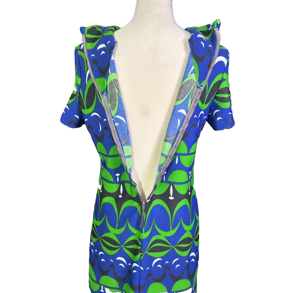 Vintage 60s Mod Shift Dress Blue Green Psychedelic Geometric Tie Neck Retro M - Picture 6 of 6